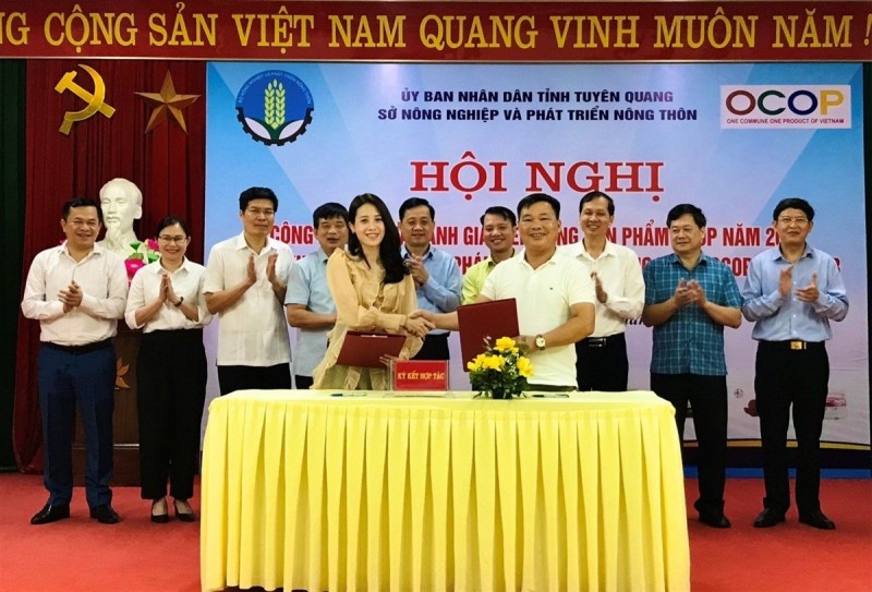 Lễ ký kết thỏa thuận hợp tác giữa doanh nghiệp với chủ thể sản phẩm OCOP đạt 4 sao - HTX Sáng Nhung về tiêu thụ sản phẩm.