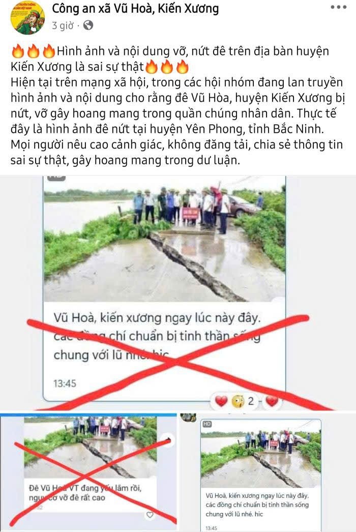 Trang Facebook của Công an xã Vũ Hòa (huyện Kiến Xương) bác bỏ thông tin sai sự thật về việc xảy ra vỡ đê trên địa bàn xã - Ảnh: baothaibinh.vn