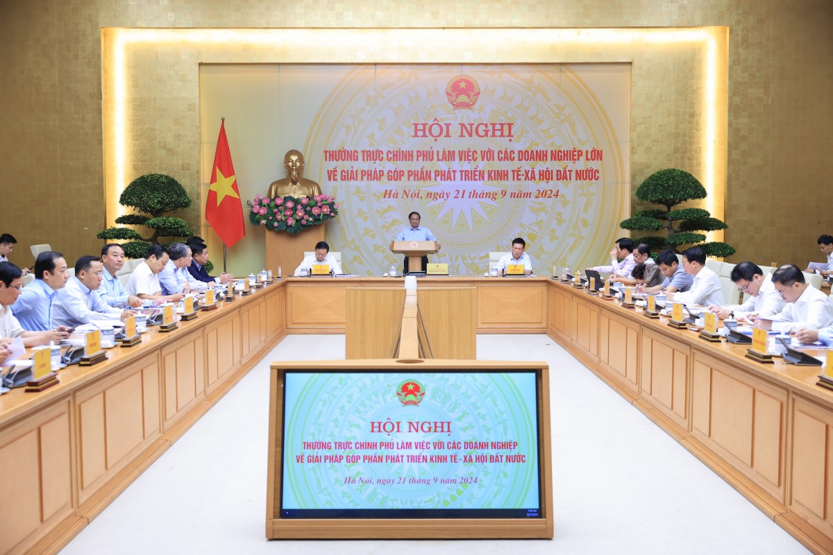 Thủ tướng Phạm Minh Chính chủ trì Hội nghị của Thường trực Chính phủ làm việc với các doanh nghiệp lớn về giải pháp góp phần phát triển kinh tế - xã hội - Ảnh: Cổng thông tin Chính phủ.