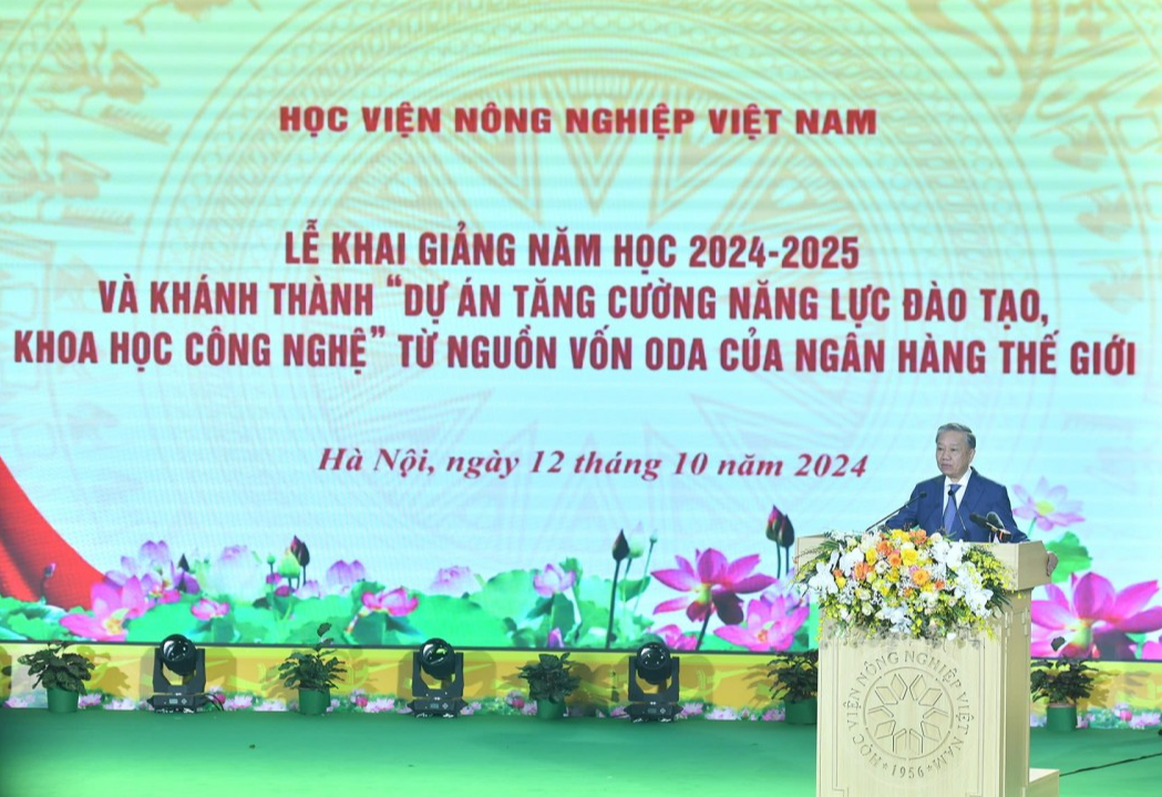 Tổng Bí thư, Chủ tịch nước Tô Lâm phát biểu tại Lễ khai giảng năm học mới tại Học viện Nông nghiệp Việt Nam.