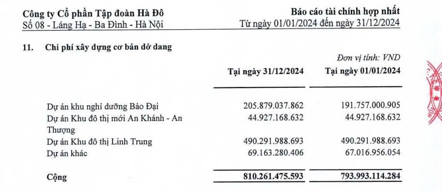 Bảng chi phí xây dựng dở dang tại BCTC hợp nhất Tập đoàn Hà Đô (Ảnh chụp màn hình)
