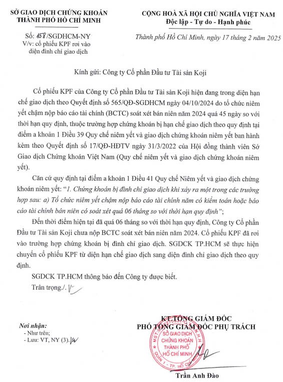 Thông báo về việc cổ phiếu KPF rơi vào diện đình chỉ giao dịch
