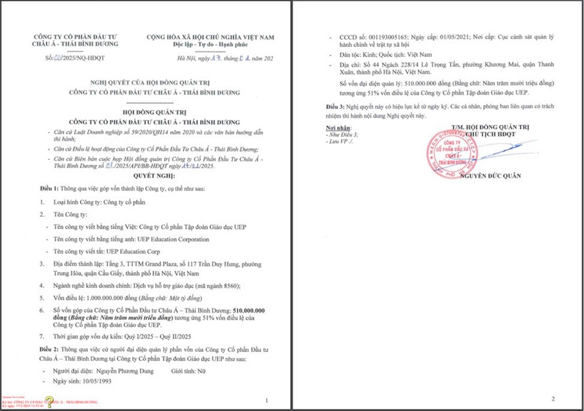 Quyết định về việc thành lập CTCP Tập đoàn Giáo dục UEP của API.