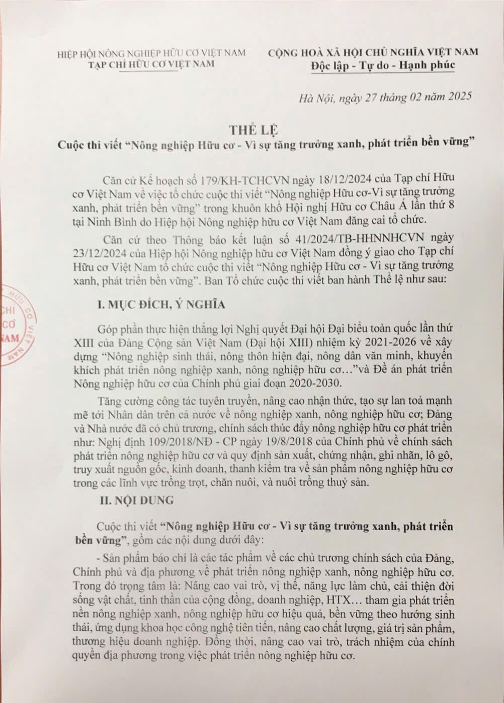 Thể lệ Cuộc thi viết “Nông nghiệp Hữu cơ - Vì sự tăng trưởng xanh, phát triển bền vững”