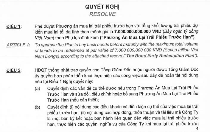 Nghị quyết của HĐQT Novaland về việc mua lại trái phiếu trước hạn