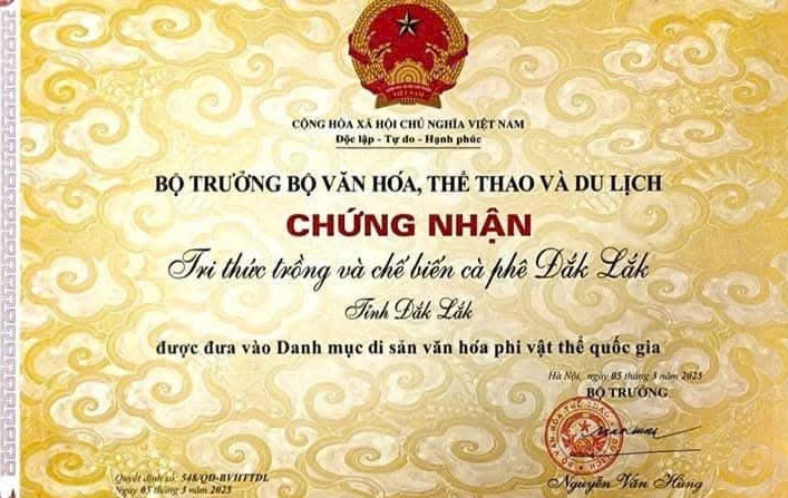 Công nhận "Tri thức trồng và chế biến cà phê của Đắk Lắk” là di sản văn hóa phi vật thể quốc gia