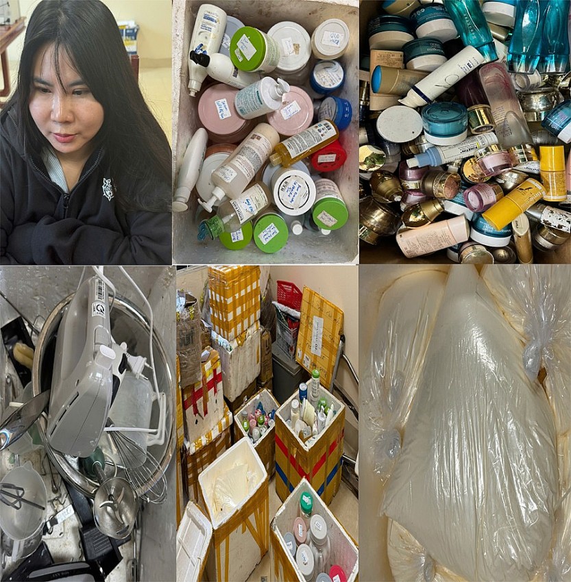 Đối tượng Nguyễn Thị Dung cùng các loại dụng cụ để sản xuất mỹ phẩm giả.