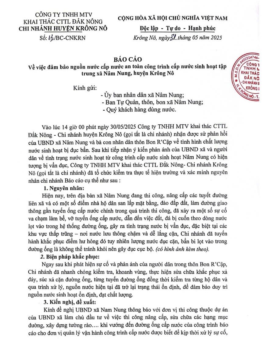 Huyện Krông Nô (Đắk Nông): Tập trung xử lý việc nước sinh hoạt tại xã Nâm Nung bị vẩn đục