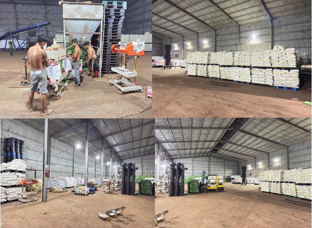 Bên trong nhà xưởng sản xuất phân bón giả của Công ty TNHH Thương mại và Dịch vụ XNK An Phúc Khang, chi nhánh Trảng Bom  ẢNH: CÔNG AN TỈNH ĐỒNG NAI CUNG CẤP