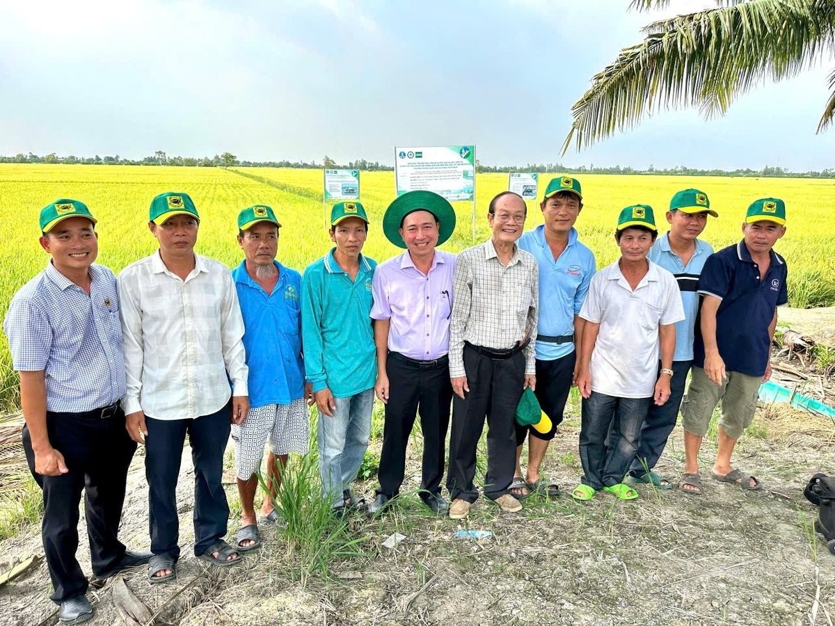 Ông Trần Thanh Tâm (thứ 6 từ phải sang) và GS.TS. Nguyễn Bảo Vệ trong một chuyến thăm đồng ại HTX Thắng Lợi, Tháp Mười, Đồng Tháp. Ảnh: Thế Huy.