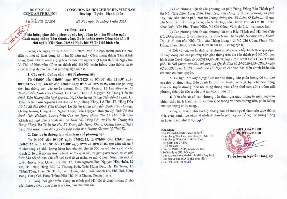 Hà Nội thông báo phân luồng giao thông trên nhiều tuyến phố từ ngày 7 – 10/8