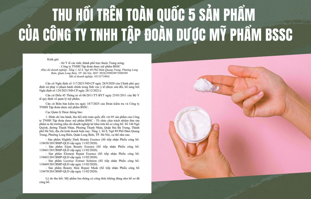 Thu hồi trên toàn quốc 5 sản phẩm của Công ty TNHH Tập đoàn dược mỹ phẩm BSSC