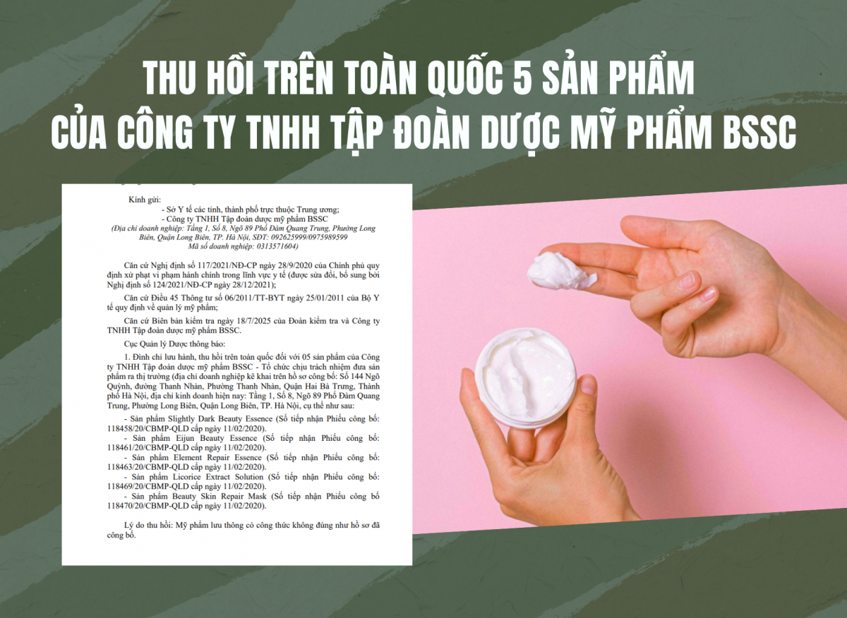 Thu hồi trên toàn quốc 5 sản phẩm của Công ty TNHH Tập đoàn dược mỹ phẩm BSSC