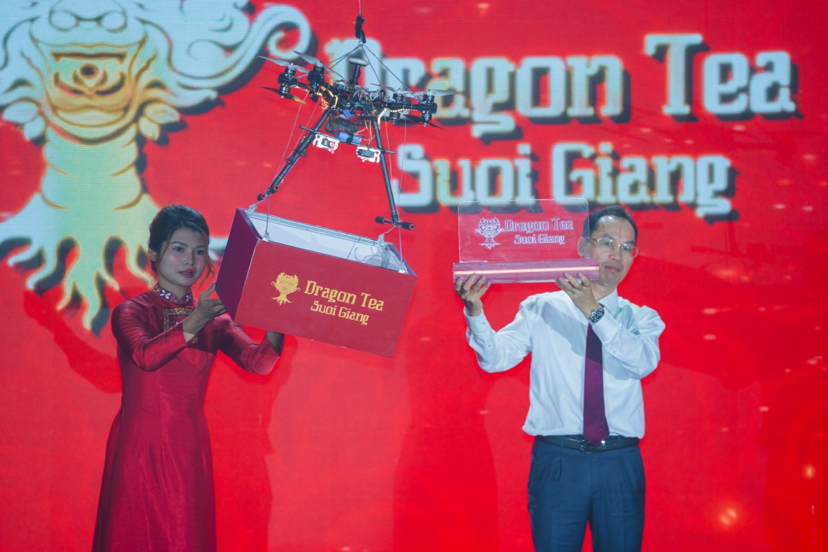 Tái hiện cảnh vận chuyển búp trà cổ thụ bằng drone.