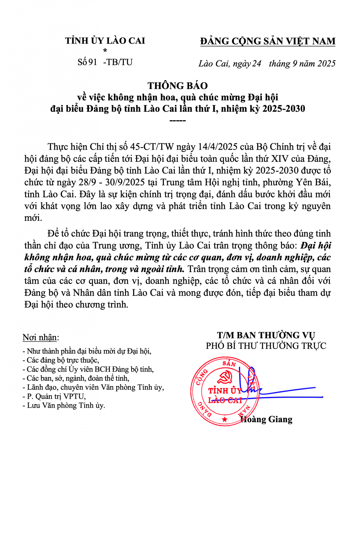 Lào Cai: Không nhận hoa, quà chúc mừng Đại hội đại biểu Đảng bộ tỉnh lần thứ I