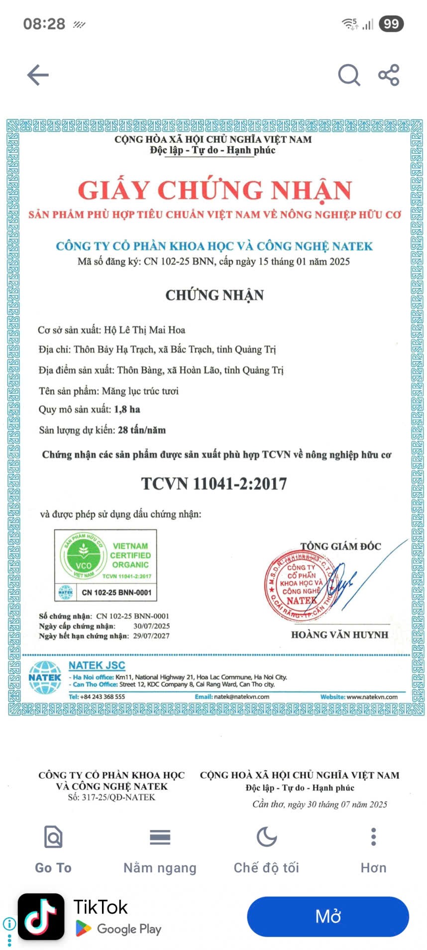 Măng Lục trúc Bamovina Đức Thành đạt chứng nhận sản phẩm hữu cơ Việt Nam