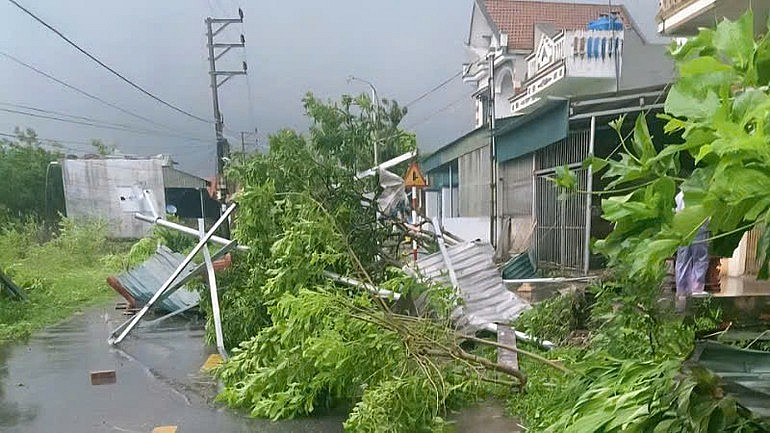  nhiều cây xanh trên các tuyến phố ở xã Đầm Hà gãy đổ.