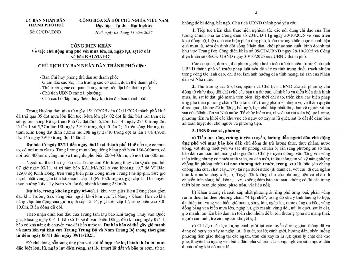 Công điện khẩn của UBND Tp. Huế, chủ động ứng phó mưa lũ và bão KALMAEGI