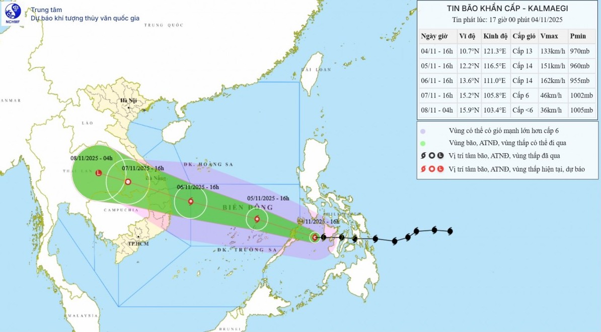 Bão Kalmaegi hướng vào Biển Đông và ven biển miền Trung với gió giật cấp 17