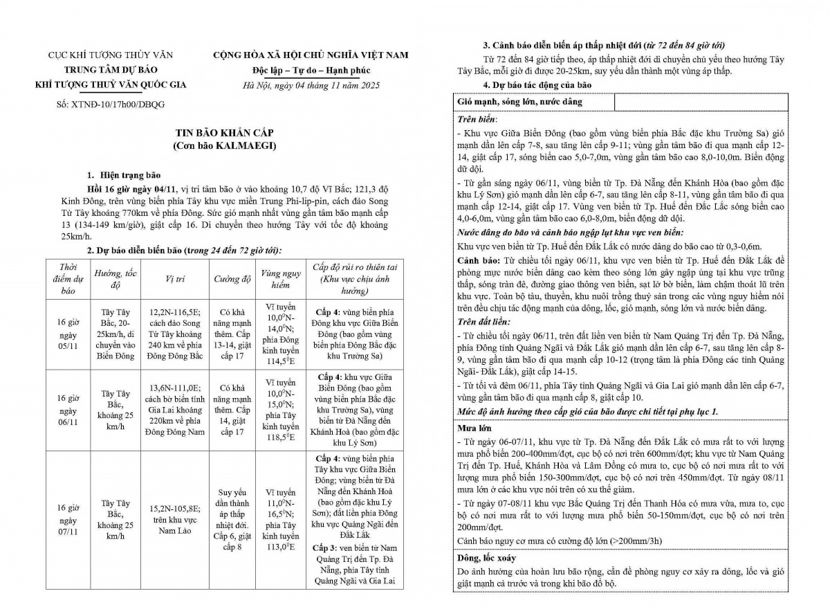 Bão Kalmaegi hướng vào Biển Đông và ven biển miền Trung với gió giật cấp 17