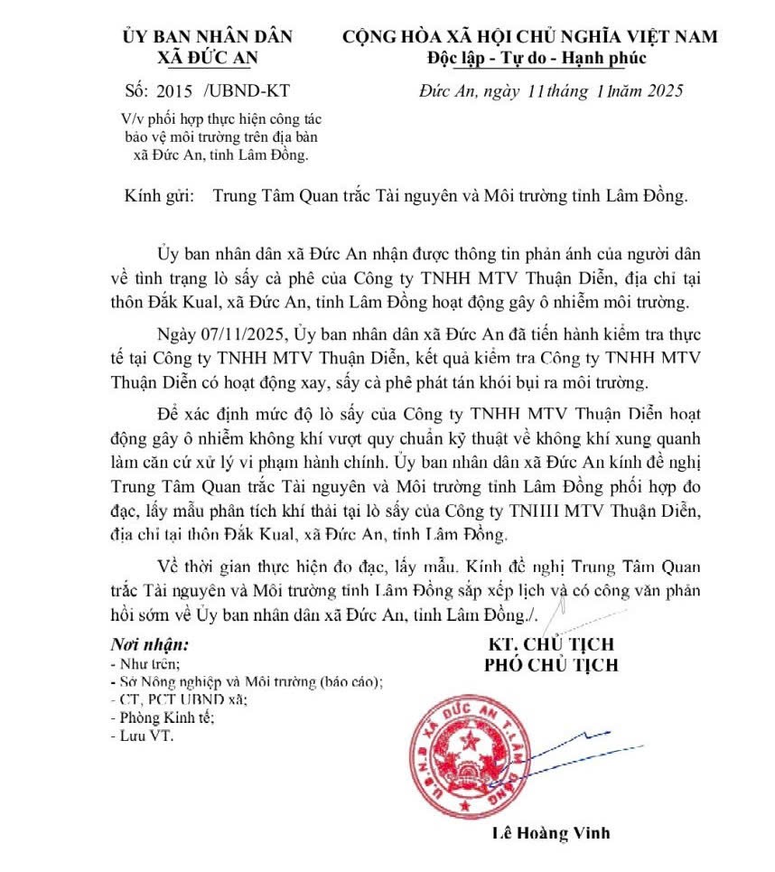 Đề nghị đo đạc, lấy mẫu phân tích khí thải tại lò sấy của Công ty TNHH MTV Thuận Diễn