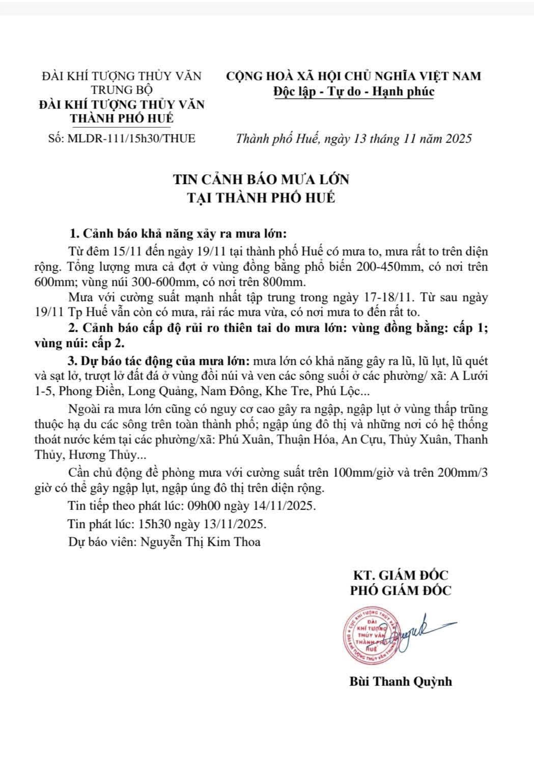 Tp. Huế chuẩn bị đón đợt mưa to đến rất to từ đêm 15/11 đến ngày 19/11/2025