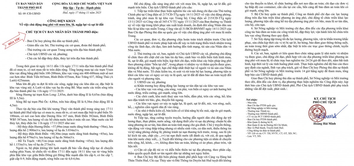 Tp. Huế ban hành công điện khẩn ứng phó với mưa lớn, ngập lụt và sạt lở đất