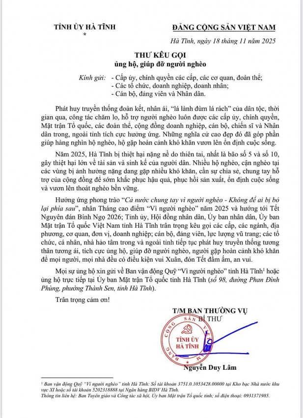 Hà Tĩnh kêu gọi ủng hộ, giúp đỡ người nghèo đón Tết