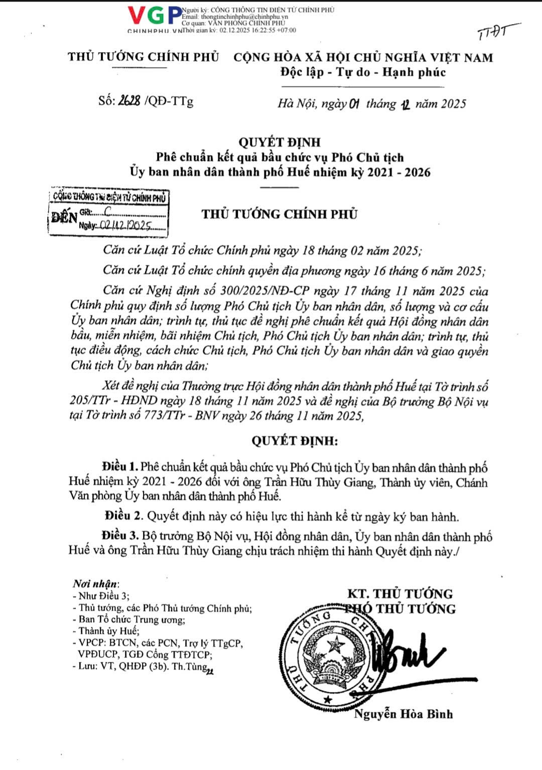 Quyết định số 2628/QĐ-TTg, Thủ tướng Chính phủ phê chuẩn kết quả bầu chức vụ Phó Chủ tịch UBND Tp. Huế nhiệm kỳ 2021-2026 đối với ông Trần Hữu Thùy Giang