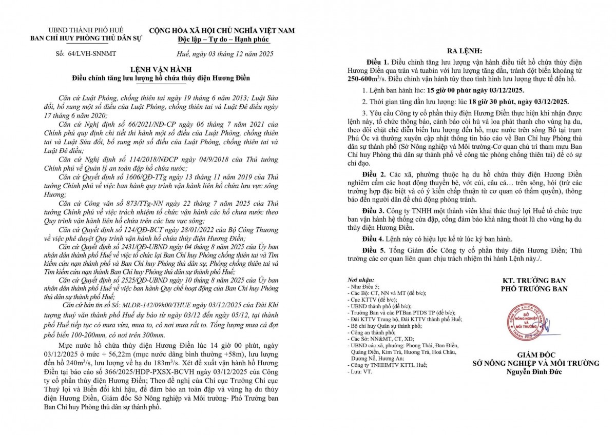 Lệnh vận hành số 64/LVH-SNNMT của BCH Phòng thủ dân sự Tp. Huế ban hành ngày 3/12/2025