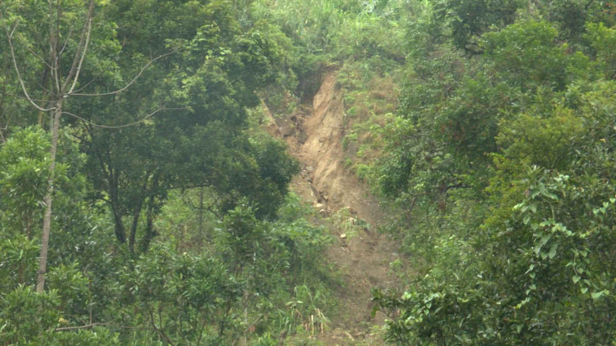 Khu vực sườn đồi phía sau Làng Long Bốc xuất hiện vết nứt lớn kéo dài, tiềm ẩn nguy cơ sạt lở nghiêm trọng.