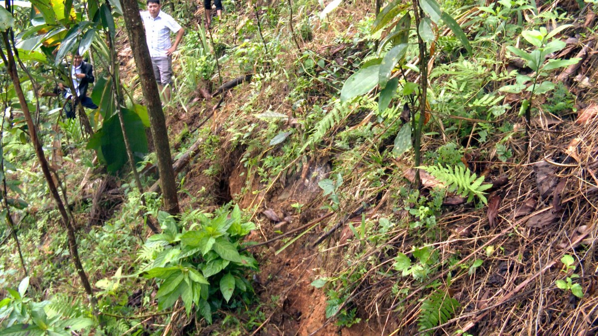 Vết nứt và sạt lở xuất hiện trên sườn đồi gần khu dân cư xã Trà Leng (TP Đà Nẵng), cho thấy nguy cơ mất ổn định địa hình sau mưa bão, đe dọa trực tiếp đến an toàn nhà cửa và người dân sinh sống phía dưới.