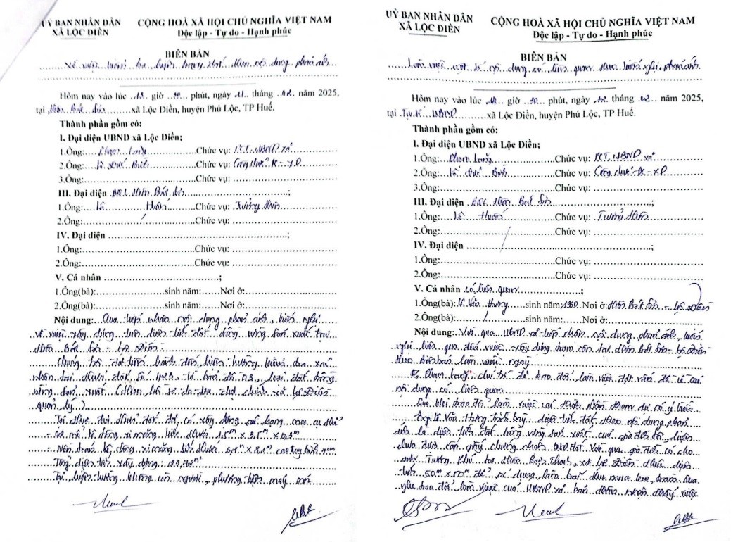 Các biên bản làm việc do UBND xã Lộc Điền, huyện Phú Lộc, Tp. Huế (cũ) đã lập trước đây đối với trạm cân trái phép tại địa phương