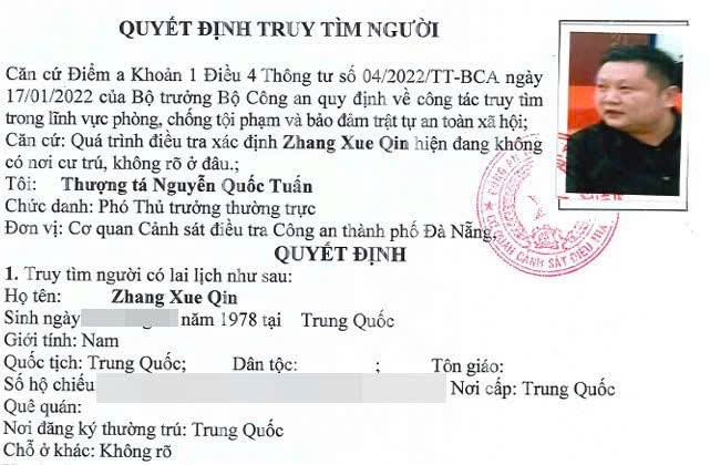 Quyết định truy tìm đối tượng Zhang Xue Qin (SN 1978, quốc tịch Trung Quốc) liên quan vụ án tại Phòng khám Đa khoa Quốc tế Đà Nẵng.