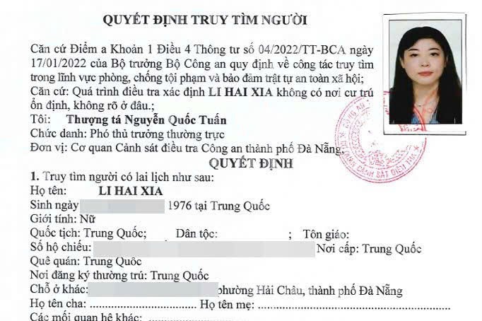 Quyết định truy tìm đối tượng Li Hai Xia (SN 1976, quốc tịch Trung Quốc) để phục vụ điều tra vụ án xảy ra tại Phòng khám Đa khoa Quốc tế Đà Nẵng.