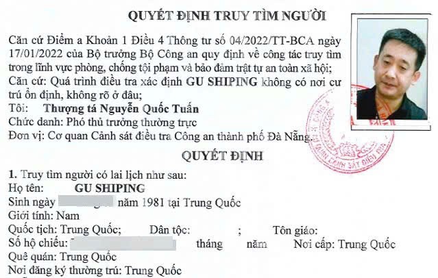 Quyết định truy tìm đối tượng Gu Shiping (SN 1981, quốc tịch Trung Quốc) liên quan vụ án xảy ra tại Phòng khám Đa khoa Quốc tế Đà Nẵng.