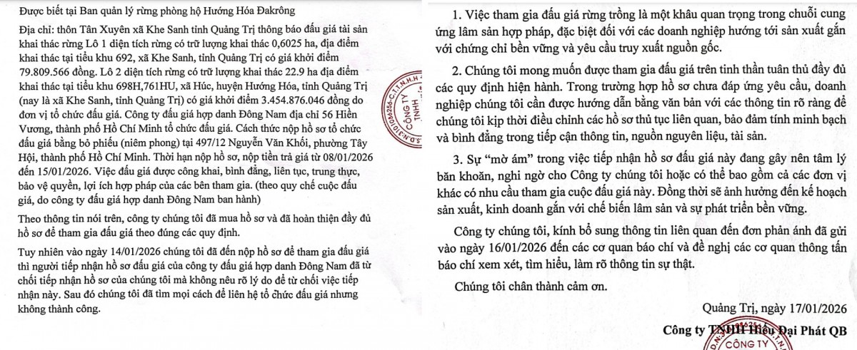 Nội dung phản ánh của Công ty TNHH Hiếu Đại Phát QB