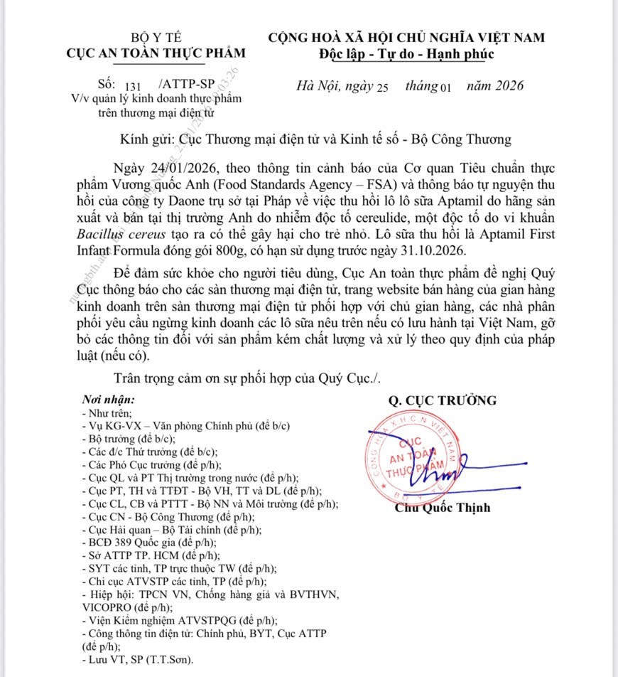 Bộ Y tế yêu cầu ngừng tiêu thụ sữa Aptamil nhiễm độc tố