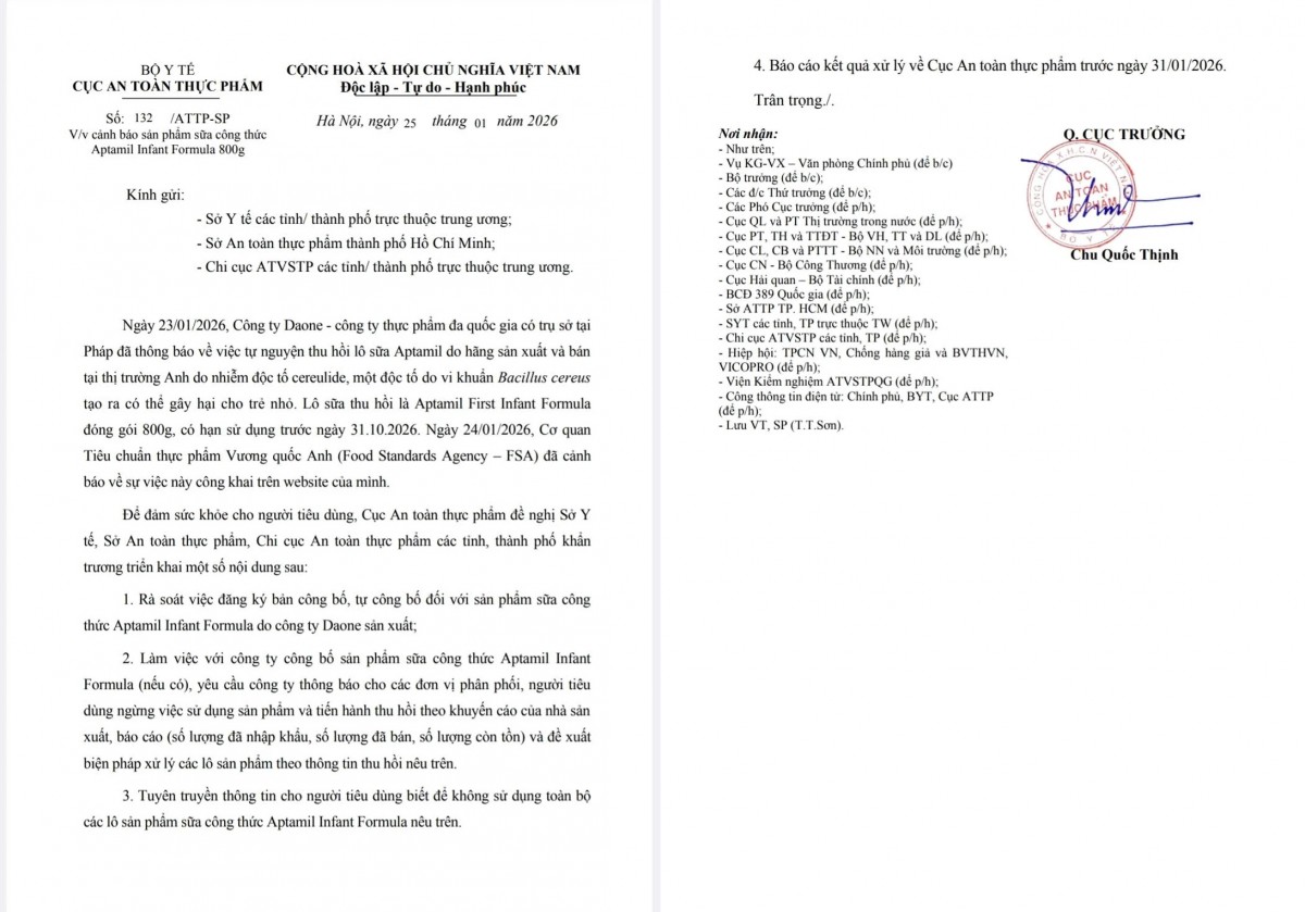Bộ Y tế yêu cầu ngừng tiêu thụ sữa Aptamil nhiễm độc tố