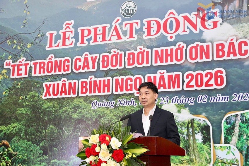 Ông Nguyễn Văn Công, Phó Chủ tịch UBND tỉnh phát động Tết trồng cây năm 2026. Ảnh:QMG