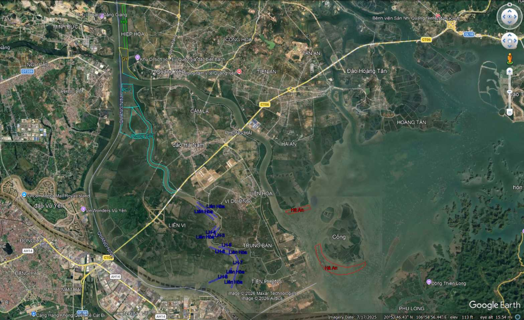 Vị trí các điểm tránh mặn phục vụ nuôi hàu cửa sông trên Google Earth.