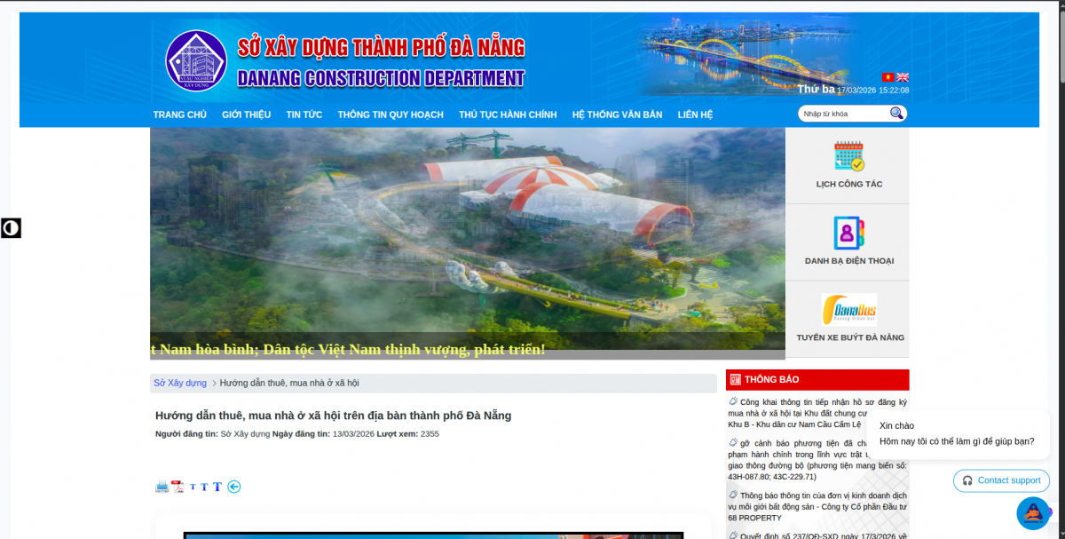 Giao diện chuyên mục trên Trang TTĐT Sở Xây dựng thành phố