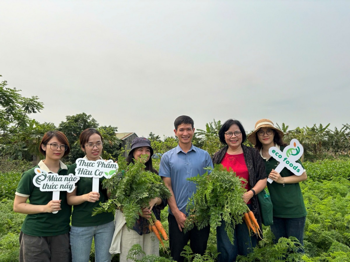 Đại diện trang trại Kim Sơn, đơn vị tổ chức và khách tham gia chụp ảnh lưu niệm tại vùng trồng rau hữu cơ sau hoạt động trải nghiệm.