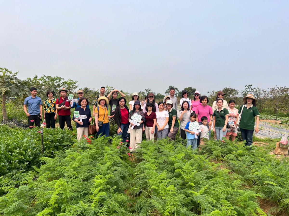 Đoàn tham quan nghe giới thiệu về khu sản xuất, quy trình chăm sóc và các yêu cầu kỹ thuật trong canh tác hữu cơ tại trang trại Kim Sơn.