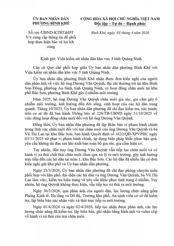 UBND phường Bình Khê đã có văn bản đề nghị Viện Kiểm sát Nhân dân khu vực 5, tỉnh Quảng Ninh phối hợp xem xét, thực hiện các bước tiếp theo theo quy định của pháp luật.