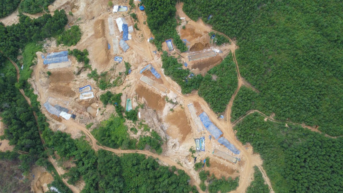 vToàn cảnh khu vực khai thác vàng trái phép giữa rừng, với nhiều hố đào và lán trại tạm bợ.