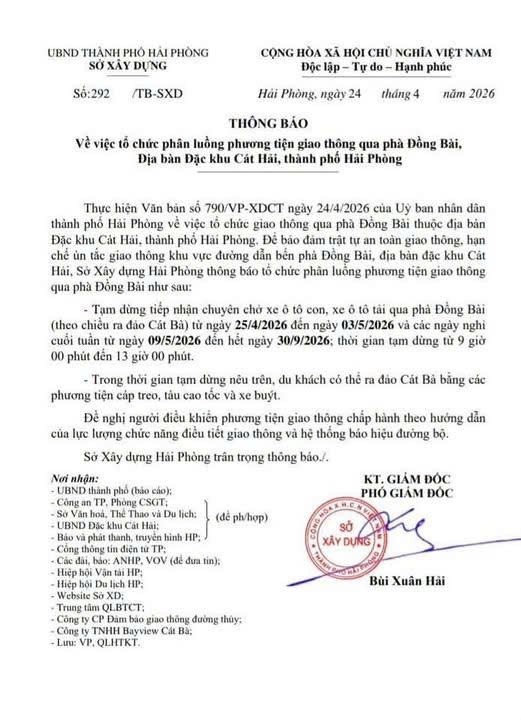 Tạm dừng tiếp nhận ô tô con qua phà Đồng Bài ra Cát Bà từ dịp nghỉ lễ