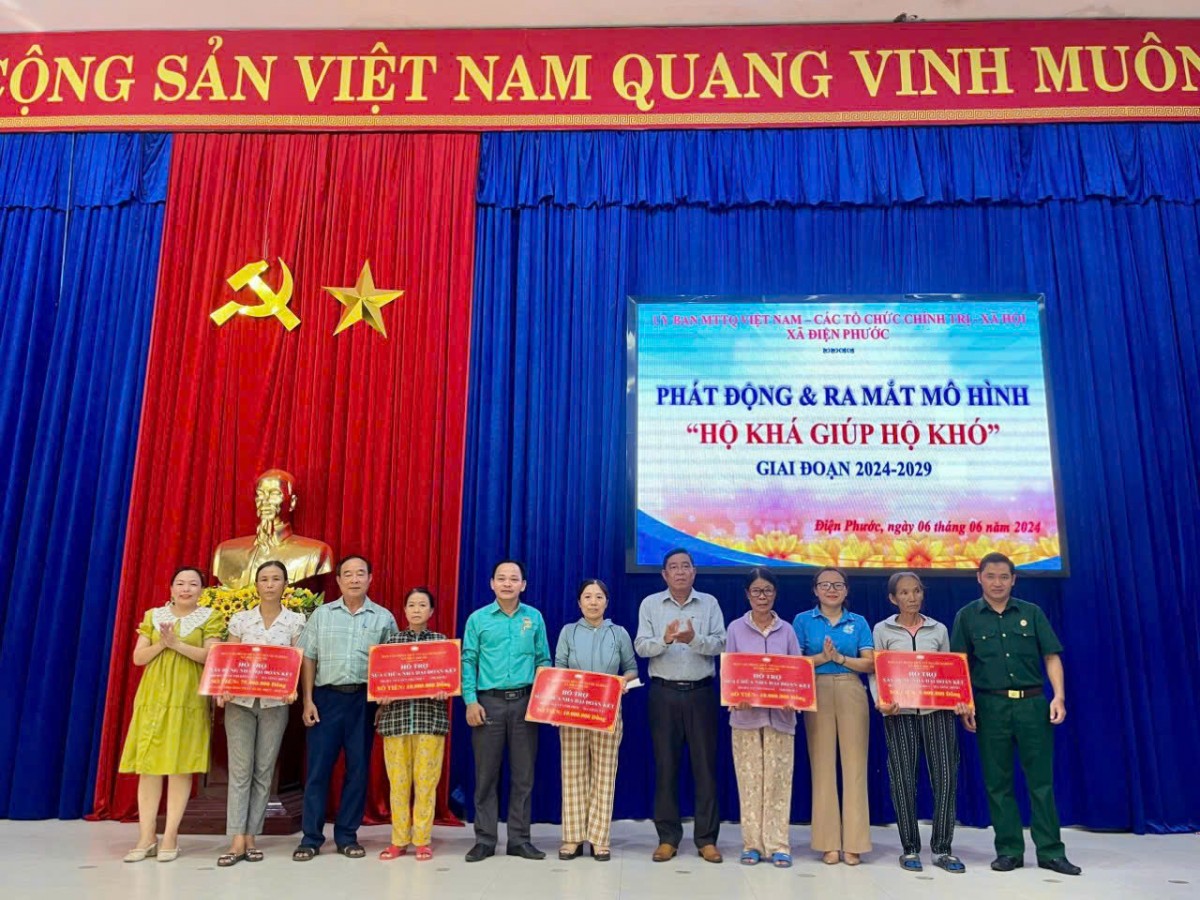 Lễ phát động và ra mắt mô hình “Hộ khá giúp hộ khó” giai đoạn 2024–2029 tại xã Điện Phước, đánh dấu bước khởi đầu trong việc lan tỏa tinh thần tương trợ, chung tay hỗ trợ các hộ có hoàn cảnh khó khăn.