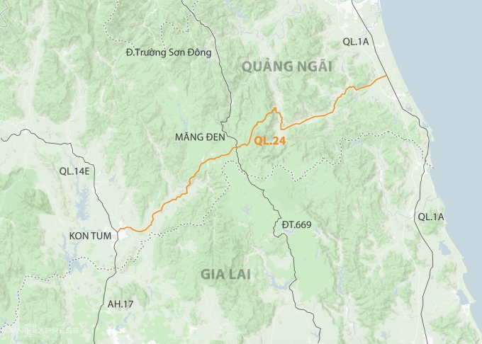 Sơ đồ hướng tuyến Quốc lộ 24 từ Quảng Ngãi đi Kon Tum qua Măng Đen