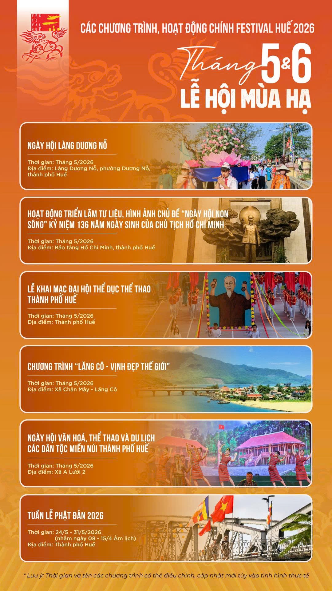 Lịch trình Lễ hội mùa Hạ – Festival Huế 2026 tháng 5